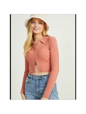 Altar'd State Rust Pink Ribbed Zip-Front Cropped Cardigan Medium